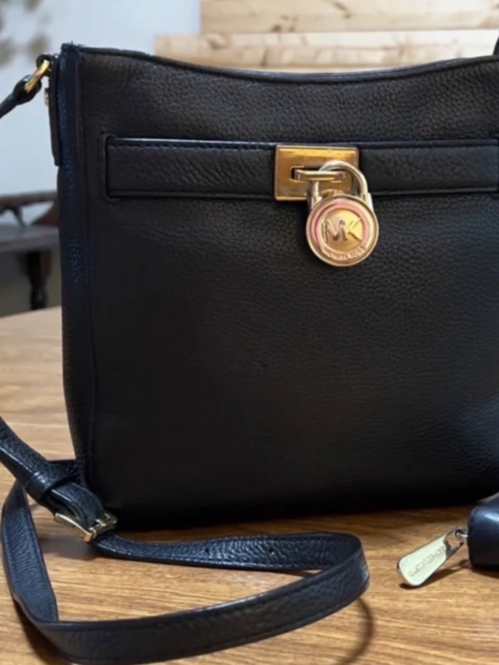 Michael Kors Black Leather Crossbody with Gold MK Lock